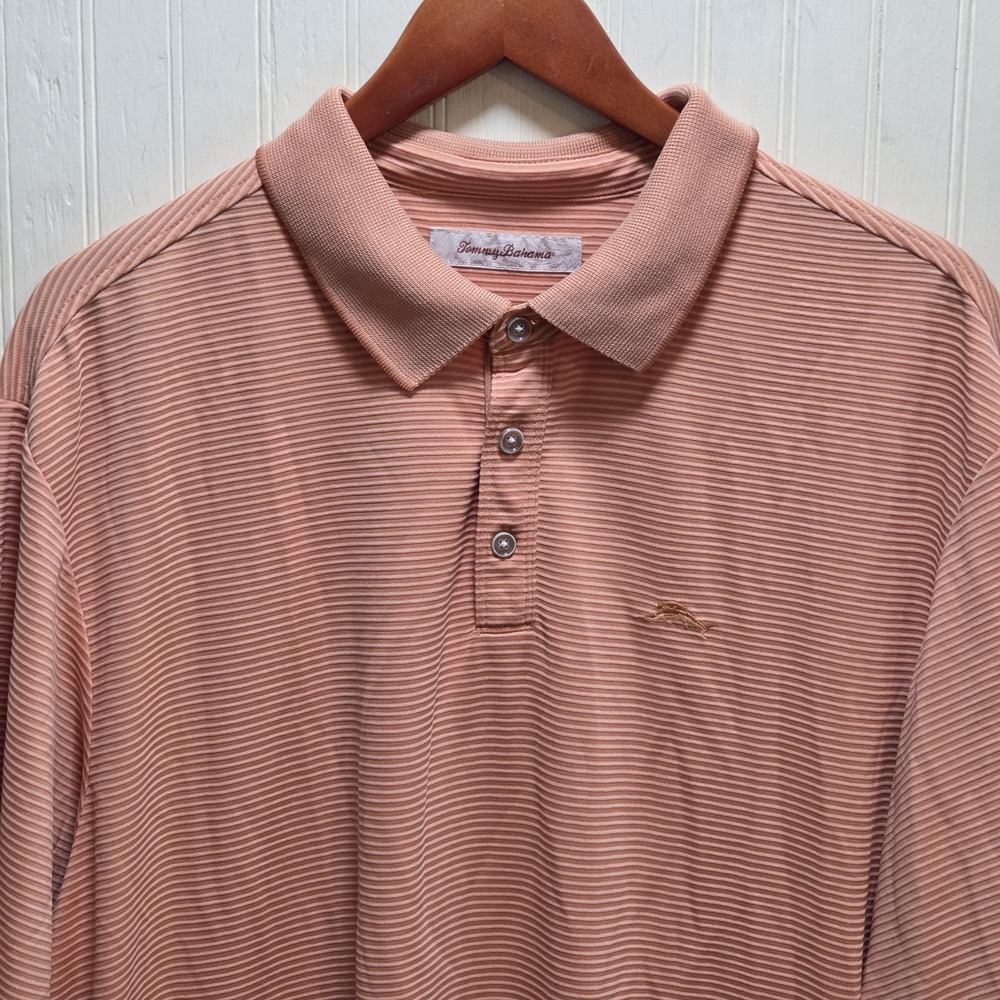 Tommy Bahama Polo Shirt Mens XL Pink Stripe Modal Polyester Short Sleeve Top